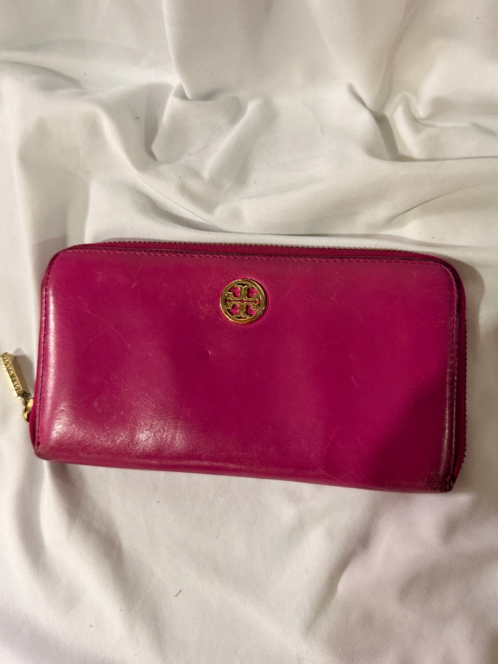 Tory Burch Zip Around Continental Wallet - Magenta with Gold Logo